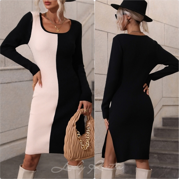 Statement Dress with Bold Contrast & Slit - Picture 1 of 9